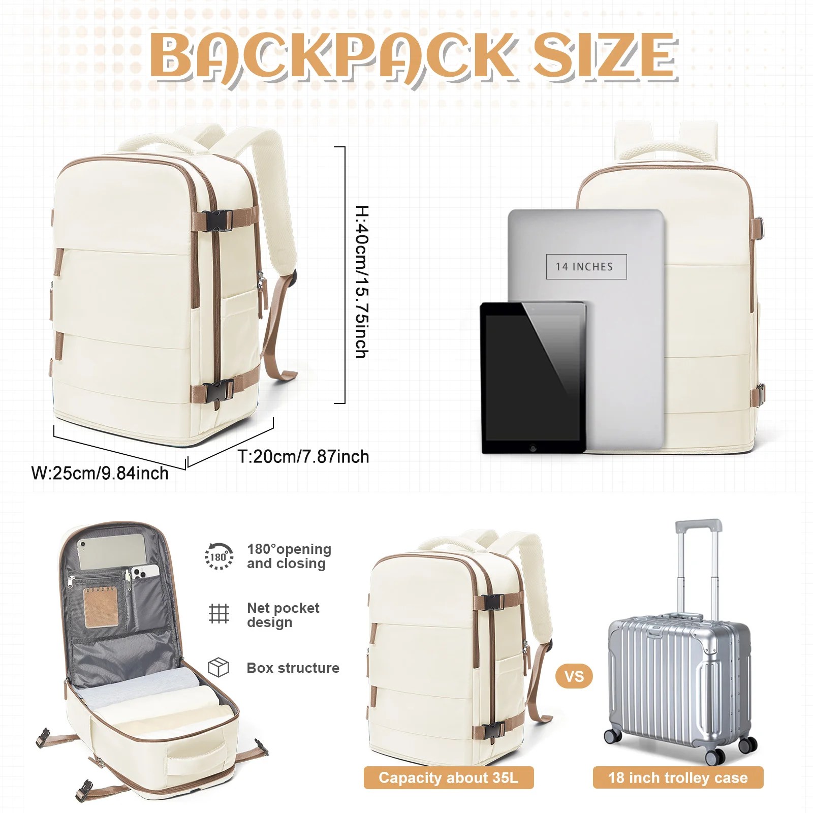 Kadın Erkek için Seyahat Sırt Çantası, El Bagajı 40x20x25 Ryanair Kabin Seyahat Çantası Koleji Sırt Çantası Su Geçirmez Laptop Çantası Çalışmak için - AliExpress 1524 - Görsel 2