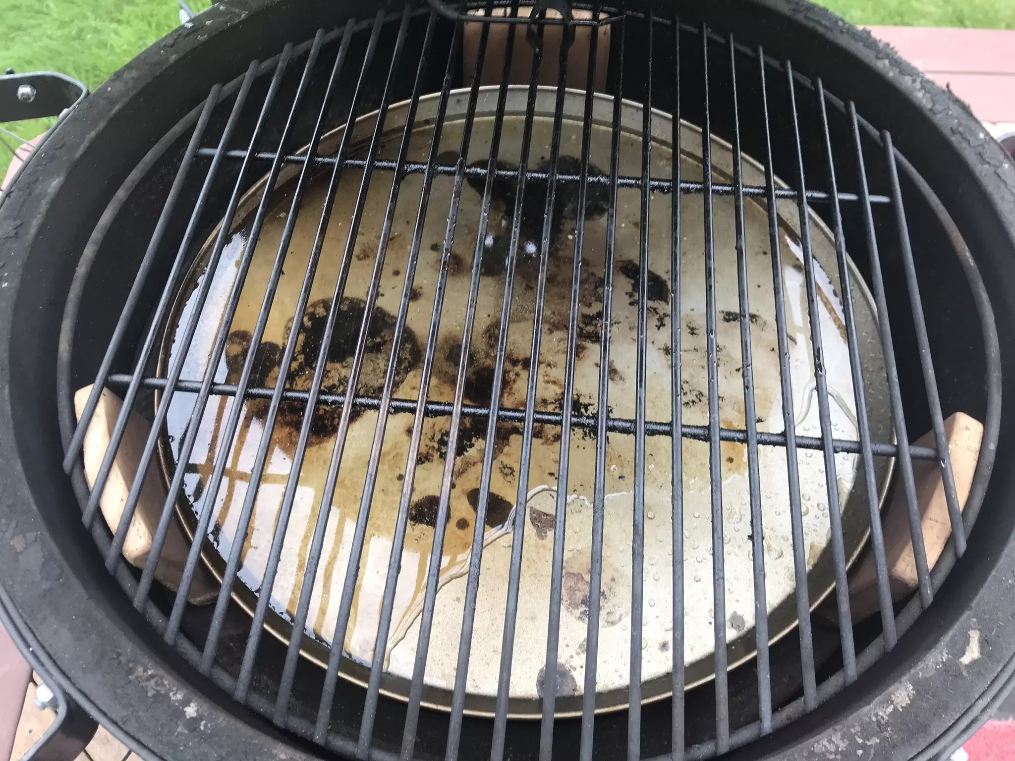 Big Green Egg Setup with Water in Drip Tray