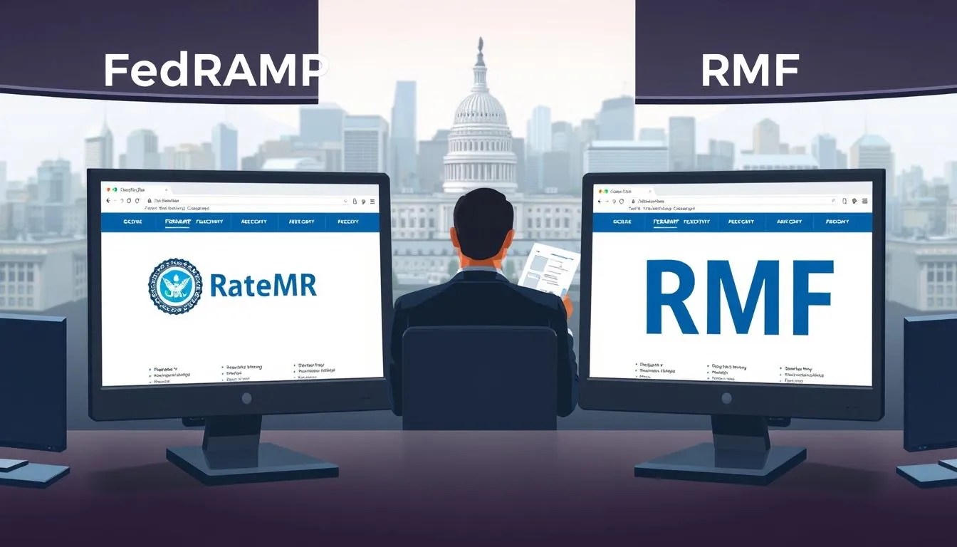 A detailed comparative illustration of FedRAMP and RMF. In the foreground, two corporate desktops with web browsers open, displaying the logos and information about the two risk management frameworks. In the middle ground, a security professional examining the frameworks, with architectural diagrams and policy documents surrounding them. In the background, a cityscape with government buildings, suggesting the regulatory and policy context. The lighting is bright and professional, with a slight depth of field to focus attention. The overall mood is one of analysis, comparison, and understanding the nuances between these two critical cybersecurity standards.