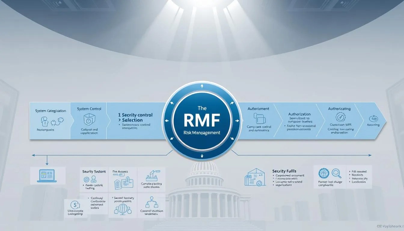 A detailed diagram showcasing the key components of the Risk Management Framework (RMF) process. In the foreground, a central decision-making node representing the core risk assessment and mitigation strategies. Surrounding it, a series of interconnected steps including system categorization, security control selection, implementation, assessment, authorization, and continuous monitoring - all depicted through clean vector graphics and an elegant color palette of blues and grays. The middle ground features detailed illustrations of the various security control families, while the background incorporates architectural elements suggestive of a government or enterprise IT environment. Bright lighting from above casts a sense of authority and importance, with a slightly muted, technical atmosphere to convey the gravity of the RMF process.