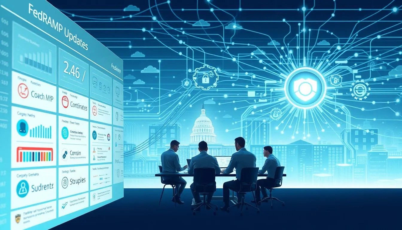 A highly detailed digital illustration depicting the recent updates and changes in the FedRAMP (Federal Risk and Authorization Management Program) framework. The foreground features a sleek, futuristic interface displaying various FedRAMP compliance metrics, certifications, and security updates. The middle ground showcases a team of cybersecurity experts meticulously reviewing and analyzing the program's evolving requirements. In the background, a vast, interconnected network of cloud services, data centers, and government agencies symbolizes the comprehensive scope of FedRAMP's impact. The composition is bathed in a cool, minimalist color palette, conveying a sense of professionalism and technological advancement. Crisp lighting and a shallow depth of field draw the viewer's attention to the key elements, highlighting the importance of FedRAMP's ongoing improvements.