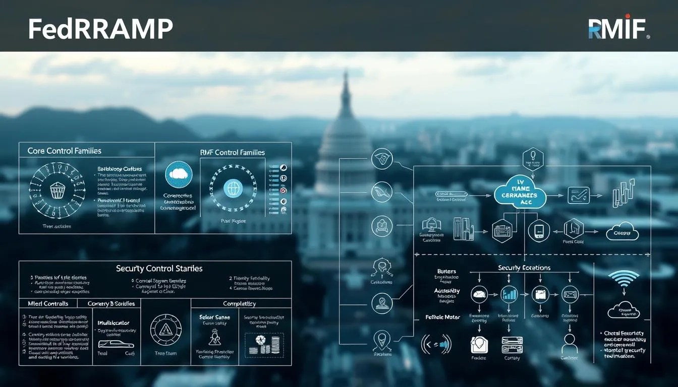A highly detailed, technical illustration depicting the security controls shared between the FedRAMP and RMF frameworks. In the foreground, elegant data visualizations and diagrams showcase the core control families, overlapping requirements, and mapping between the two standards. The middle ground features sleek, futuristic icons and symbols representing key cybersecurity concepts. In the background, a softly blurred landscape of government buildings and cloud infrastructure conveys the enterprise-level context. Rendered in a crisp, professional style with cool, muted colors and dramatic lighting to evoke a sense of authority and reliability.