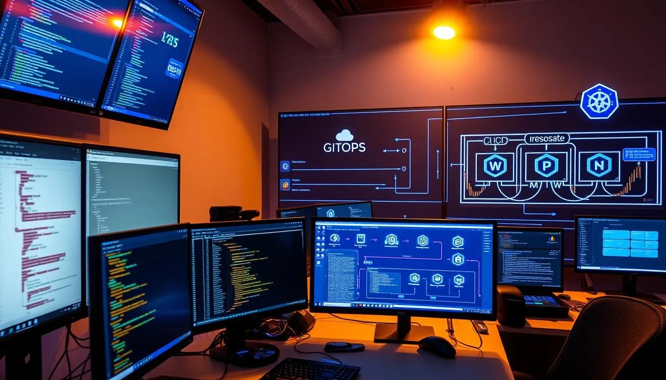 A modern software development setup with a GitOps implementation. In the foreground, a developer workstation with multiple monitors, displaying code editors, deployment pipelines, and cloud management consoles. In the middle ground, a remote Git repository and a CI/CD pipeline visualizing the automated deployment process. In the background, a cloud infrastructure with Kubernetes clusters, serverless functions, and distributed storage systems, all managed declaratively through Git-based configuration files. The scene is illuminated by a warm, focused light, conveying a sense of efficiency, collaboration, and the seamless integration of development and operations.