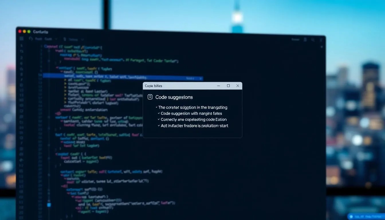 A modern software interface showing a code editor with intelligent code suggestions and autocompletion features. The foreground features a sleek, minimalist user interface with a focus on the code editing area, highlighted by soft, diffused lighting. In the middle ground, a small window displays relevant information about the code suggestion system, including its name and key capabilities. The background depicts a blurred, abstract cityscape or technology-inspired landscape, conveying a sense of innovation and progress. The overall mood is one of efficiency, productivity, and technological advancement.