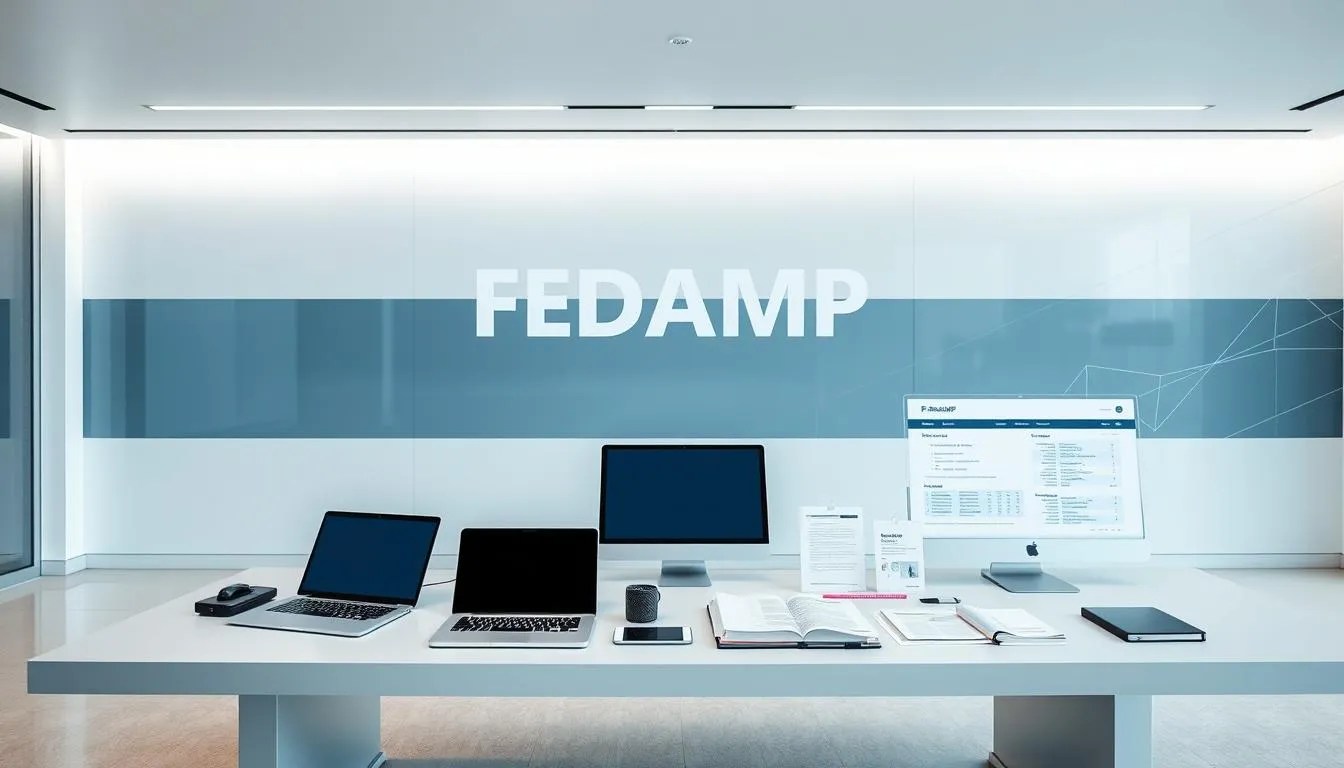 A sleek and modern office setting, with a large desk showcasing various FedRAMP compliance tools. On the desk, there are several laptops, tablets, and documents, all neatly arranged. The background features a clean, minimalist design with subtle geometric patterns, suggesting a professional, high-tech environment. The lighting is soft and even, creating a calming, focused atmosphere. The overall composition conveys a sense of organization, efficiency, and compliance with FedRAMP regulations.