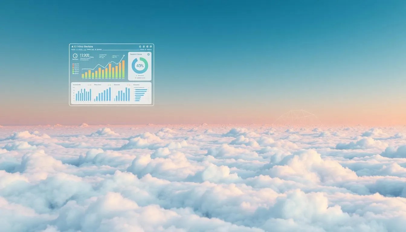 A sleek, modern data visualization software interface hovers above a cloudy, AI-powered landscape. In the foreground, vibrant charts, graphs, and dashboards arranged in a clean, minimalist design. Midground features an array of analytical tools and algorithms, their inner workings visible through a semi-transparent overlay. In the background, a cloud-like artificial intelligence network extends into the distance, connecting data streams and insights. Warm, focused lighting casts a technical, futuristic atmosphere, complementing the software's seamless, intuitive user experience.