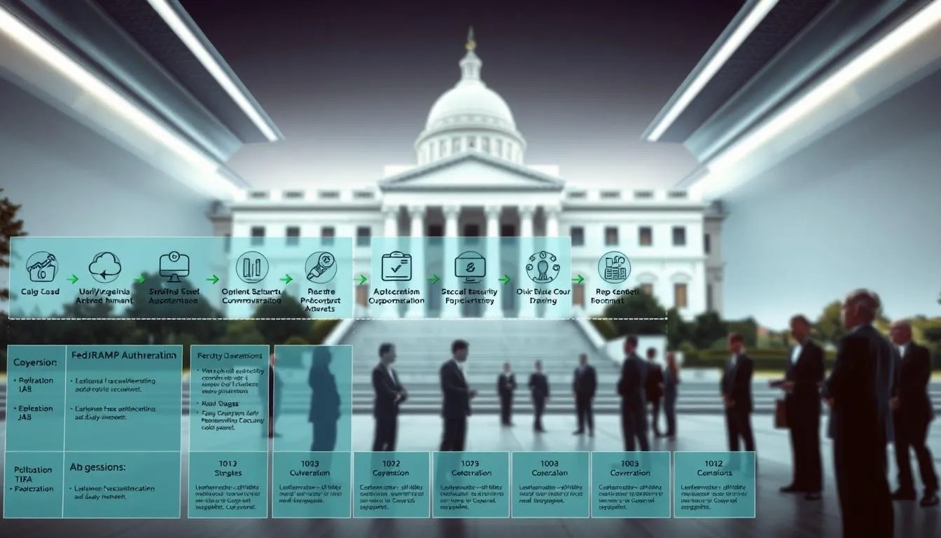 A vibrant and informative image depicting the FedRAMP JAB Process. In the foreground, a detailed schematic illustrates the various stages of the authorization process, with clear icons and labels. The middle ground showcases government officials in formal attire, engaged in discussions and decision-making. In the background, a sleek, futuristic government building with clean lines and a sense of authority sets the scene. The lighting is soft and professional, casting a sense of gravity and importance. The overall composition conveys the rigorous and comprehensive nature of the FedRAMP JAB Process, highlighting its crucial role in ensuring the security and compliance of cloud-based systems for the federal government.