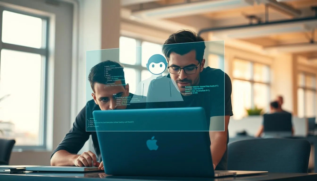 A collaborative coding session between developers using GitHub CoPilot. In the foreground, two programmers leaning over a laptop, deeply engaged in coding, their expressions intense as they discuss lines of code. In the middle ground, a holographic projection of the CoPilot AI assistant hovers between them, providing real-time suggestions and insights. The background is a modern, minimalist office space, with large windows letting in warm, natural light that casts a soft glow over the scene. The overall atmosphere is one of focused, productive teamwork, enabled by the seamless integration of human and artificial intelligence.