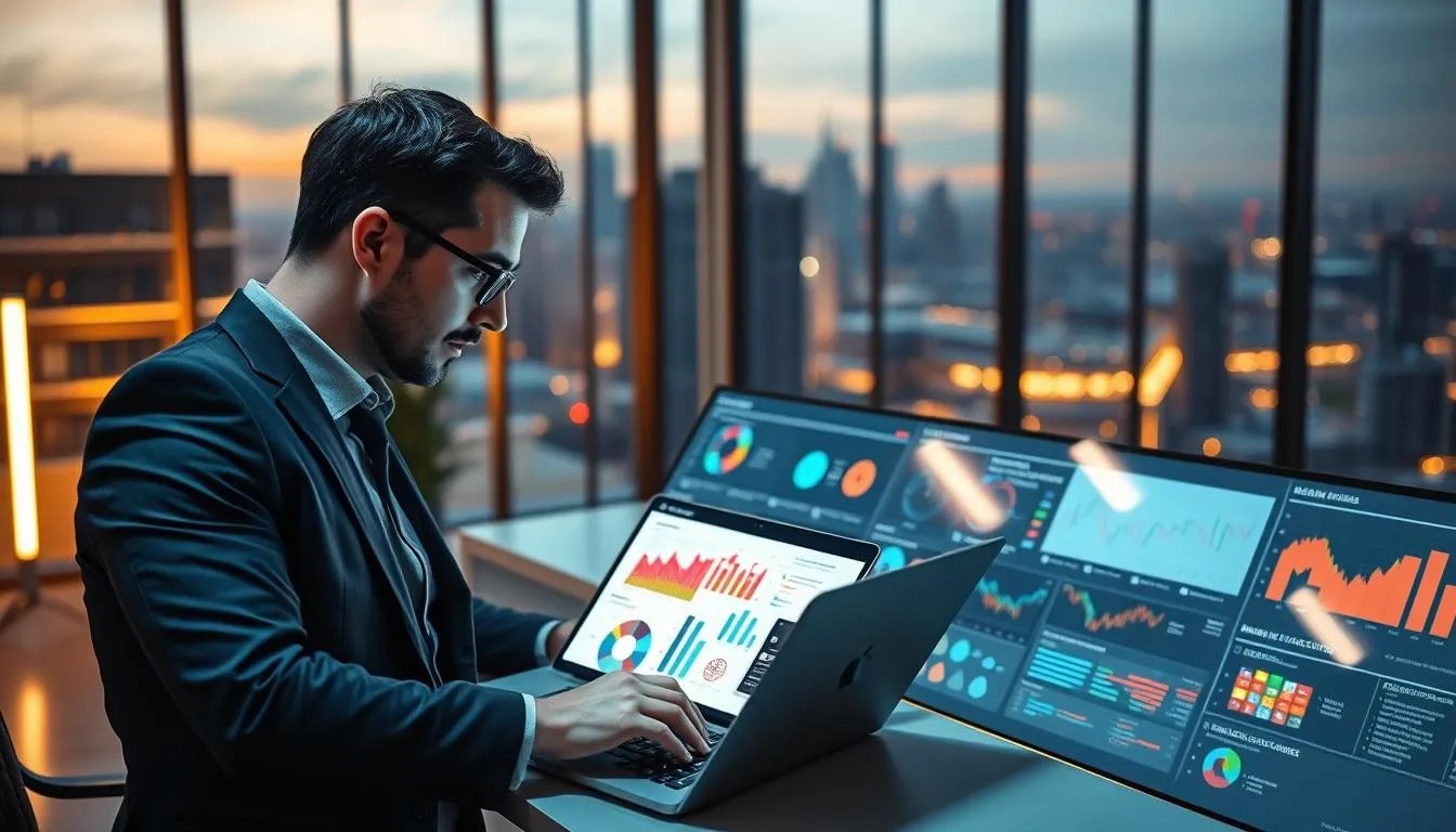 A modern office environment showcasing advanced data analysis using Google BigQuery. In the foreground, a professional analyst in smart business attire is deeply focused on a sleek laptop displaying colorful data visualizations, such as charts and graphs. The middle ground features a large touchscreen data dashboard, illuminated by soft LED lighting, presenting various analytical insights and cloud-based data streams. In the background, there's a panoramic view of a city skyline through large glass windows, hinting at a high-tech atmosphere. The overall mood is one of innovation and productivity, enhanced by a warm, ambient glow that conveys a sense of technological advancement. Capture this scene with a slight depth of field to emphasize the foreground activity while subtly fading the background.