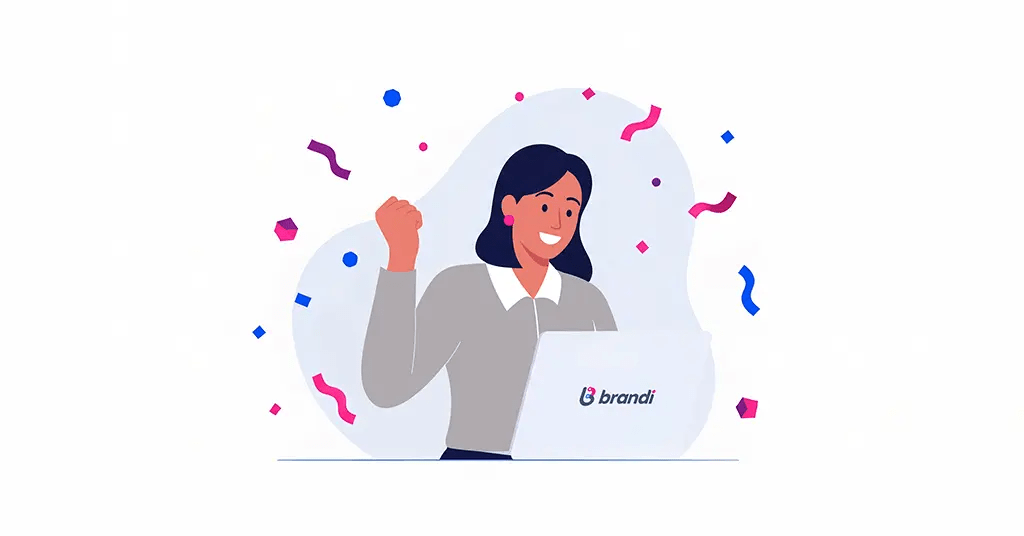 Illustration of a smiling woman celebrating in front of a laptop displaying the Brandi AI logo, surrounded by colorful confetti.
