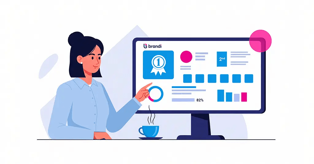 Illustration of a woman reviewing Brandi AI dashboards on a computer screen, showing rankings, charts, and visibility metrics that support the GEO playbook.
