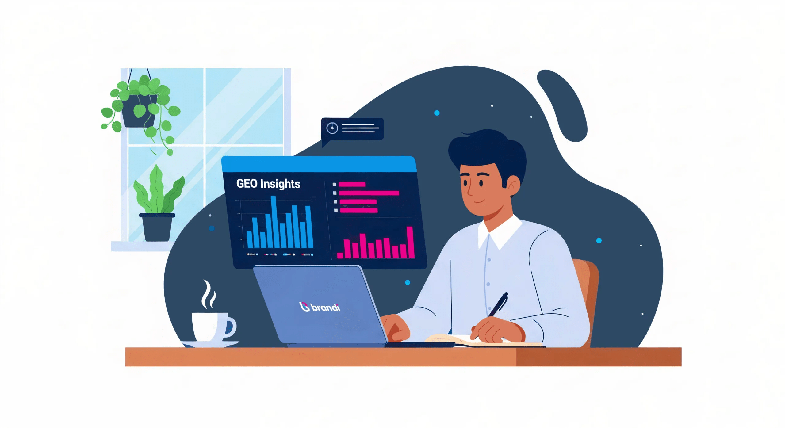 Illustration of a professional analyzing actionable brand insights on a laptop using Brandi AI, with digital dashboards showing GEO metrics and colorful bar charts.