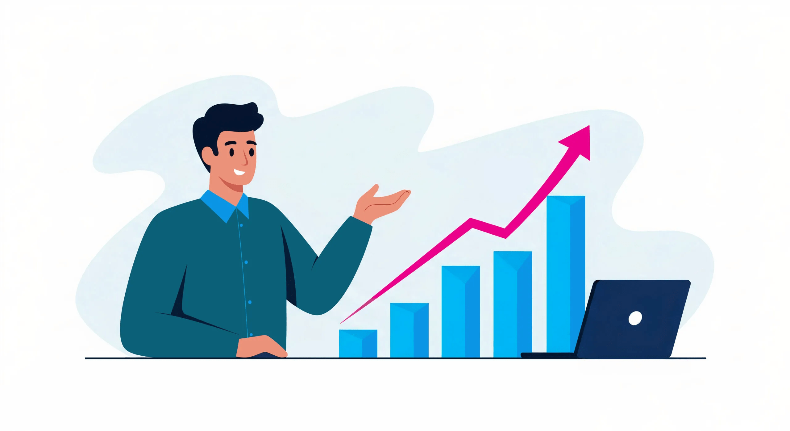 A smiling professional gestures toward a rising bar chart and upward arrow on a laptop screen, visually representing growth and making the case for AI visibility.