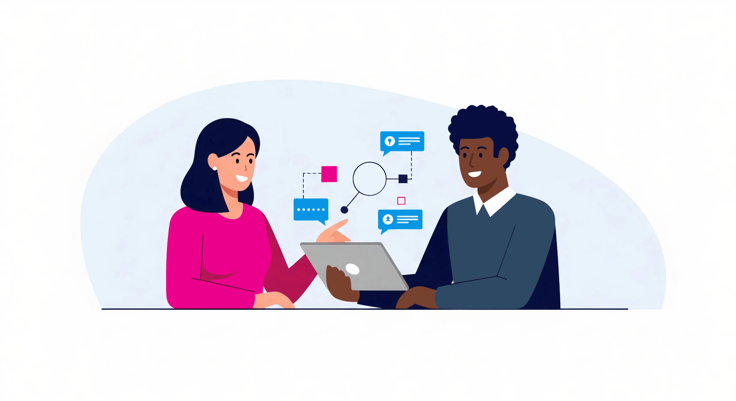 Illustration of two colleagues collaborating on a laptop with digital icons representing data and communication, symbolizing referrals from AI vs. Google.