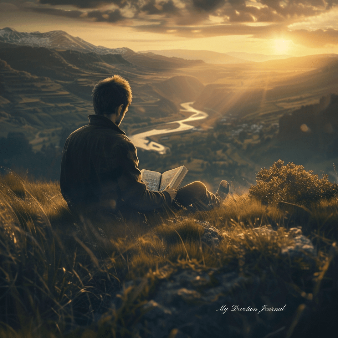 Man sitting on grass with an open Bible, overlooking rolling hills and rivers at sunset, symbolizing hope and future as inspired by Joshua 1:8