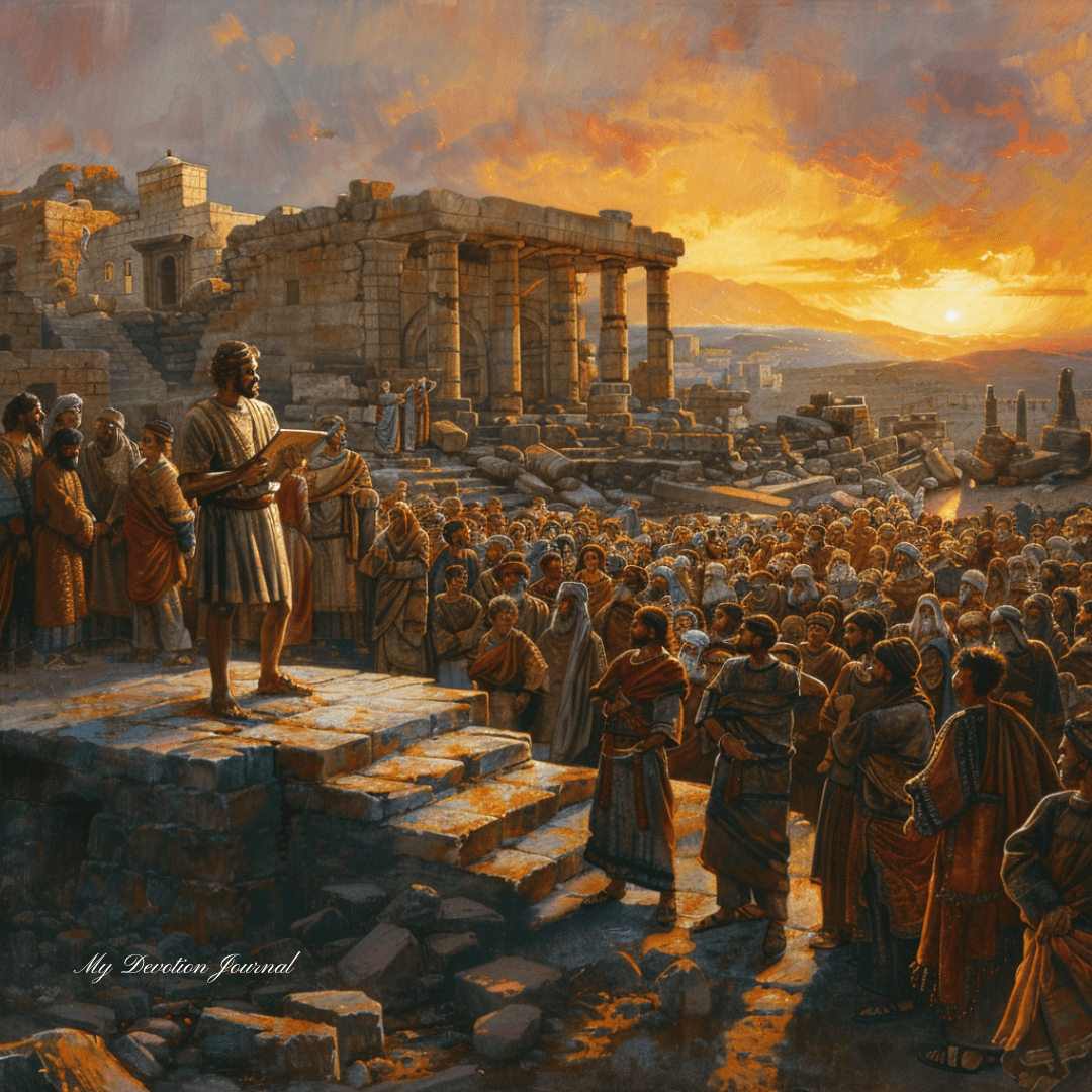 Nehemiah 8:10 scene at sunrise with Ezra reading the law to a gathered community amidst Jerusalem's rubble. Ezra stands on a raised platform, holding a scroll, addressing men and women in traditional clothing, who listen attentively and cry tears of hope. The backdrop features ruins of stone houses and partially rebuilt structures, under a sky with warm, golden hues of sunrise and rays of sunlight breaking through the clouds.