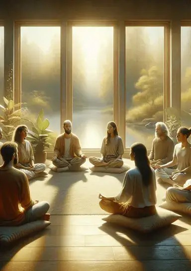 People are sitting on cushions in a circle. They are meditating quietly in a calm, sunny room with big windows that show a peaceful lake outside. This setting makes the place feel very relaxing and harmonious. Subscribe For a Free eBook