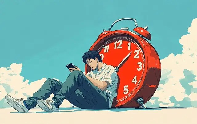 A man wearing a white shirt and green pants is sitting down, leaning on a big red alarm clock thats set to 10:10. The sky is blue with clouds, showing how using the Procrastination product can help you stay calm but also remember whats important when life gets busy. Sign up to get a free eBook!. Subscribe For a Free eBook