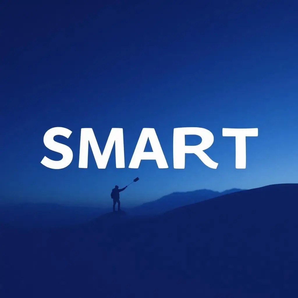 A shadowy figure stands on a hill at sunset, holding something up to a blue sky with "SMART GOAL SETTING" in bold white letters.