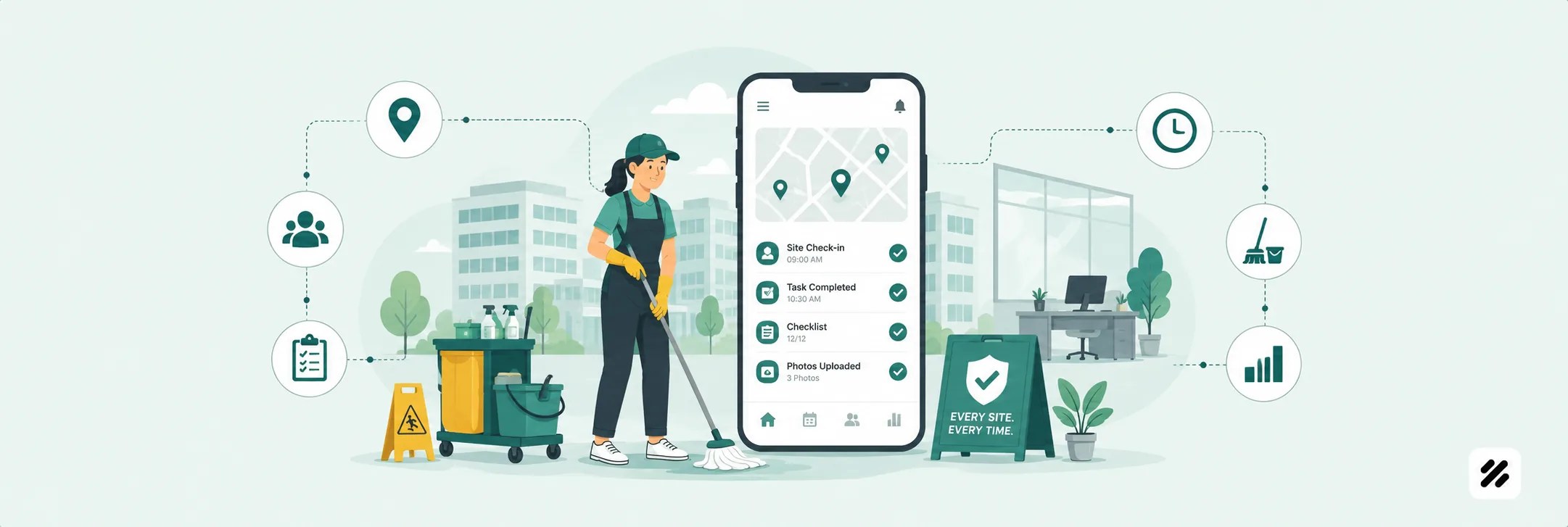 Cleaning professional using field force management software to track site tasks and check-ins