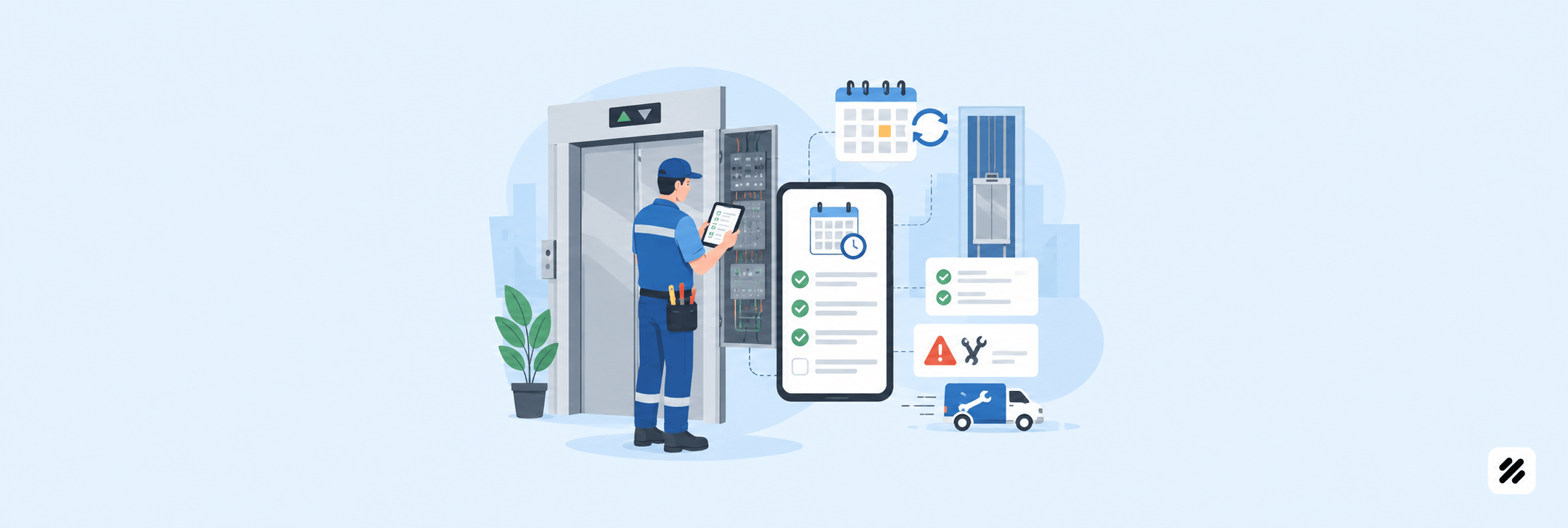 Field force management software helping an elevator technician manage preventive maintenance tasks