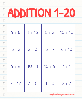 Addition 1-20 bingo