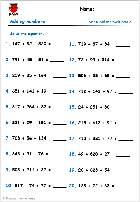 Grade 6 addition worksheets | free printables | addition challenges