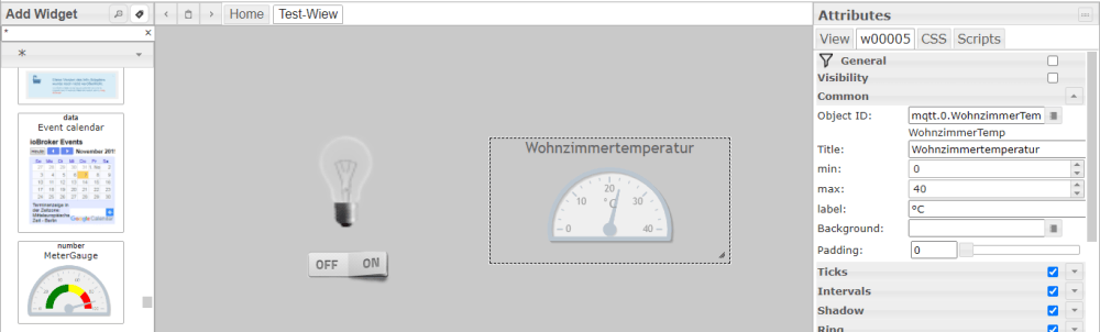 Hőmérséklet kijelzés MeterGauge Widget segítségével az ioBroker VIS adapterén