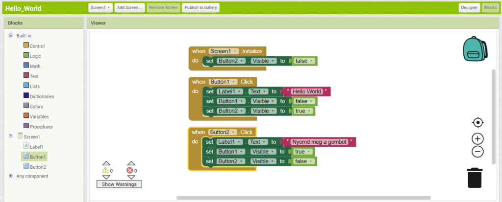MIT App Inventor - Hello World Blokkszerkesztő
