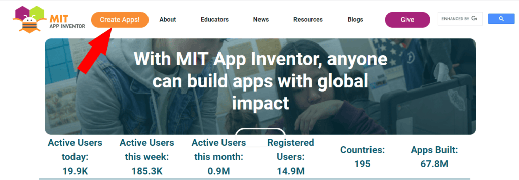 MIT App Inventor - Click "CreateApps!"  button