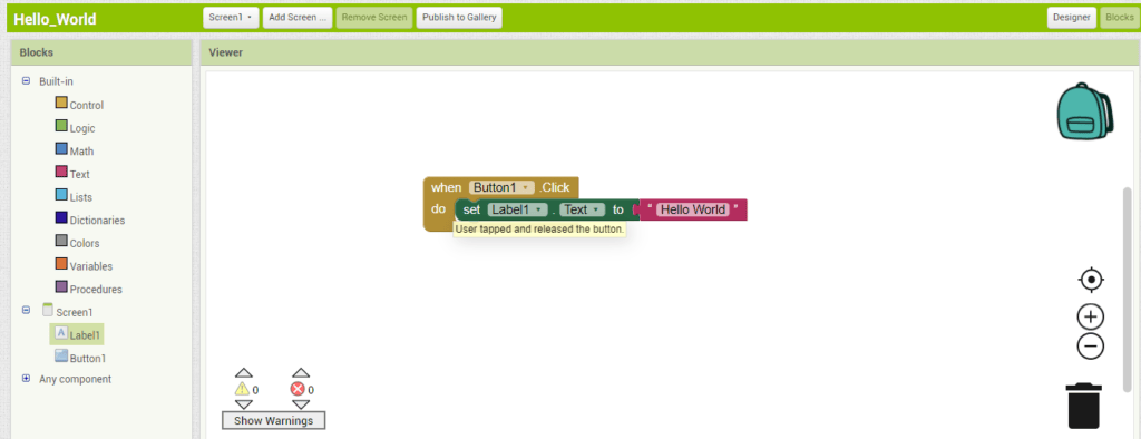 MIT App Inventor - Hello World Blockeditor