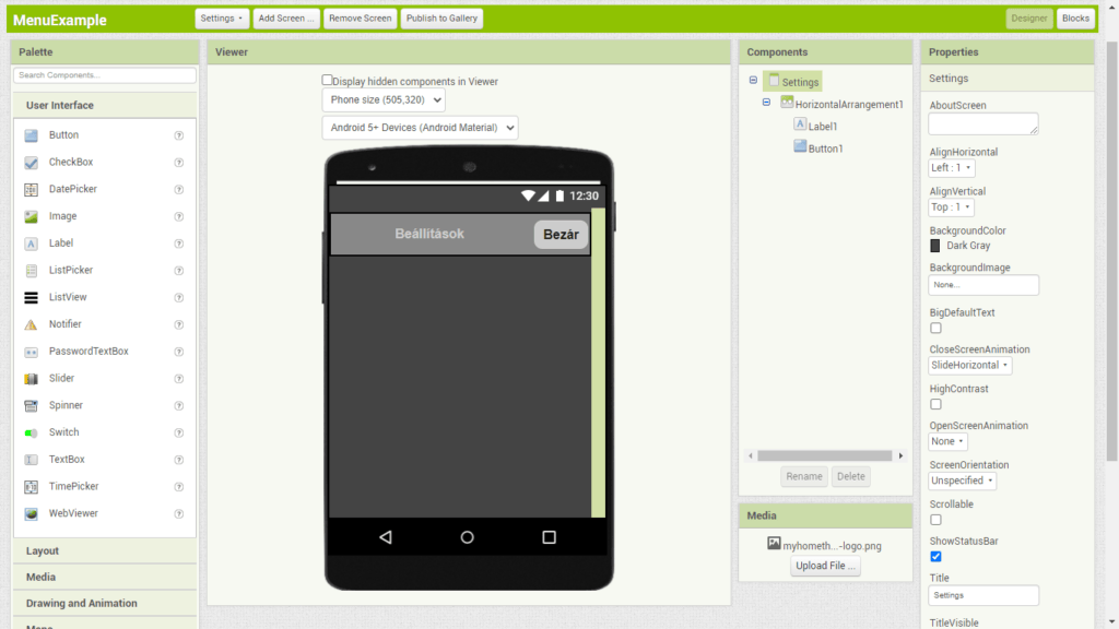 MIT App Inventor  Designer - Beallitasok képernyő