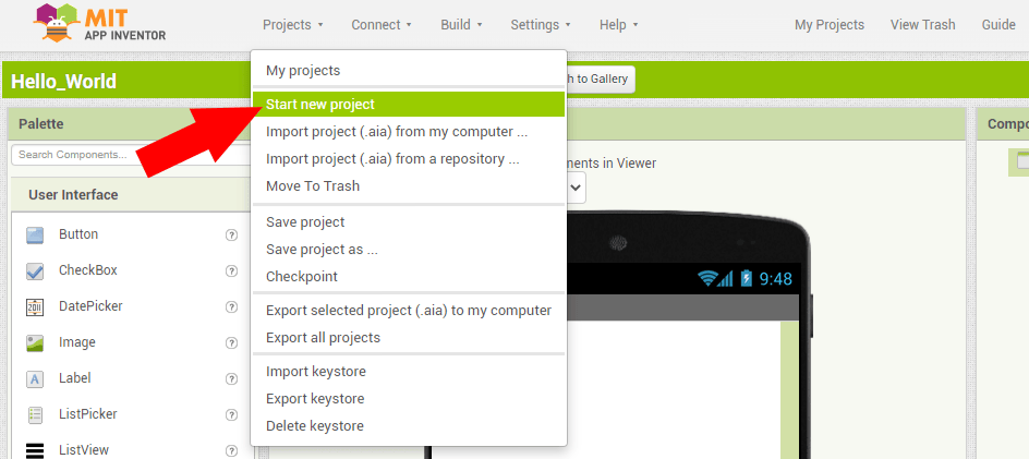 MIT App Inventor - Start a new project