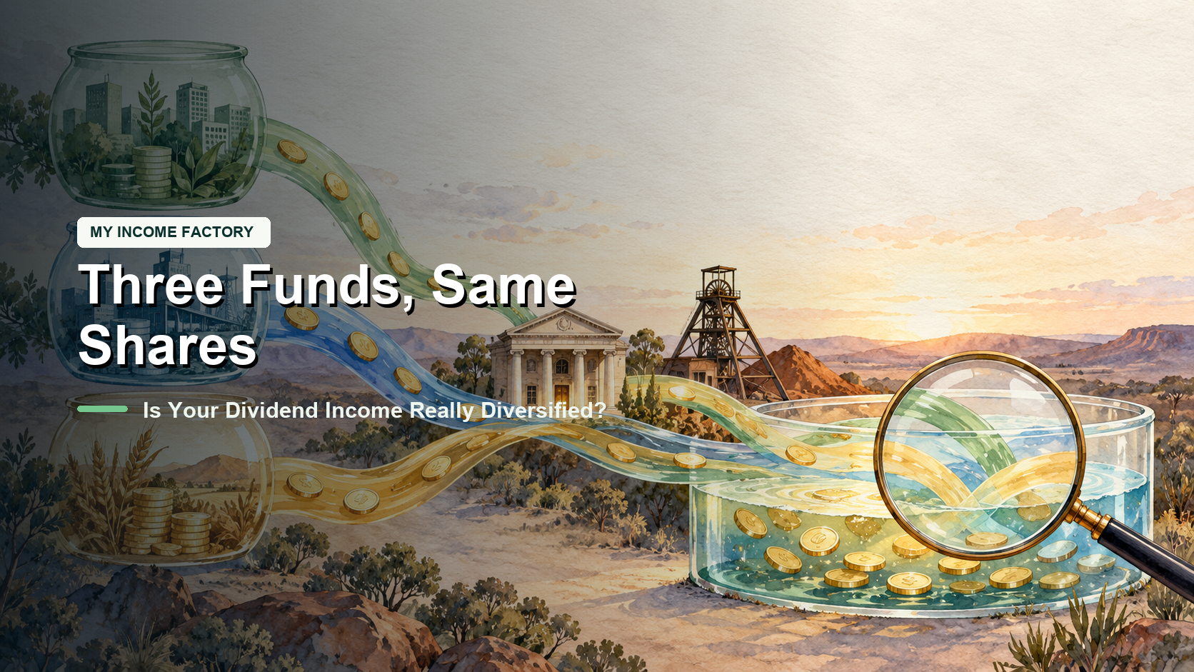 Watercolour illustration of three Australian income funds feeding overlapping bank and mining company streams into one dividend reservoir.