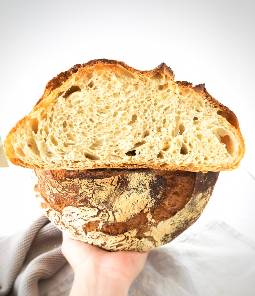 close-up shot of round No knead bread cut in half