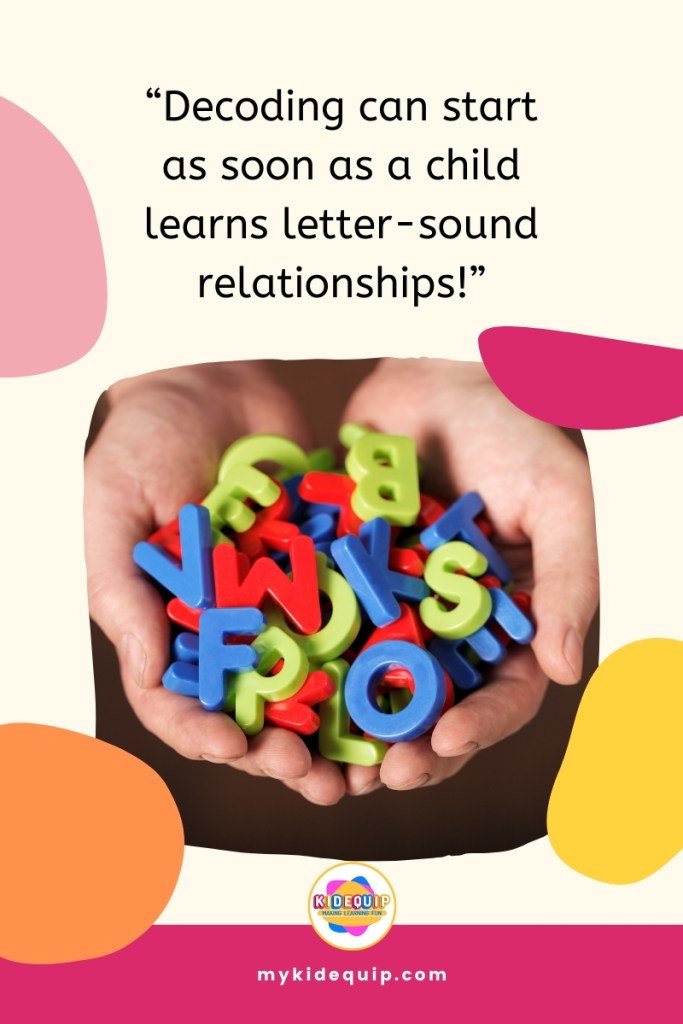 Quote that says decoding can start as soon as a child learns letter-sound relationships with a picture of letters. 