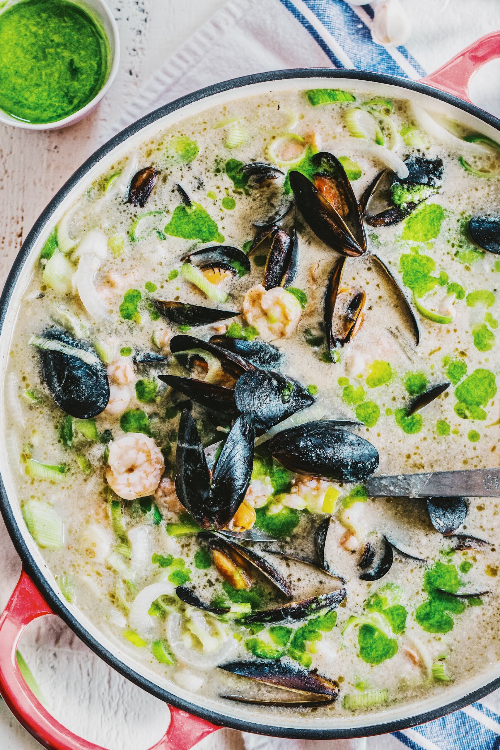 Winter White Cioppino with Salty Scallion Oil