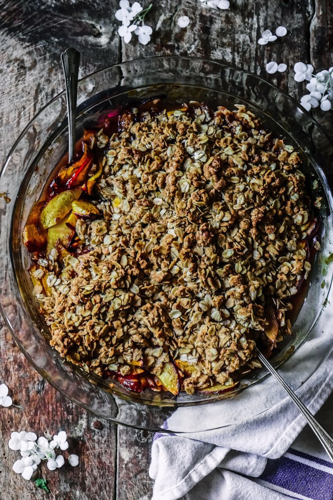 Nectarine Oatmeal Cookie Crisp with Raspberry Caramel