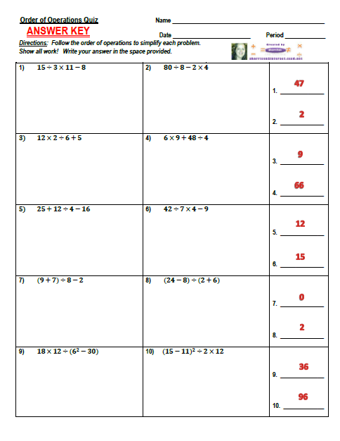 My Math Resources - OrderOfOperationsQuizAnswerKey