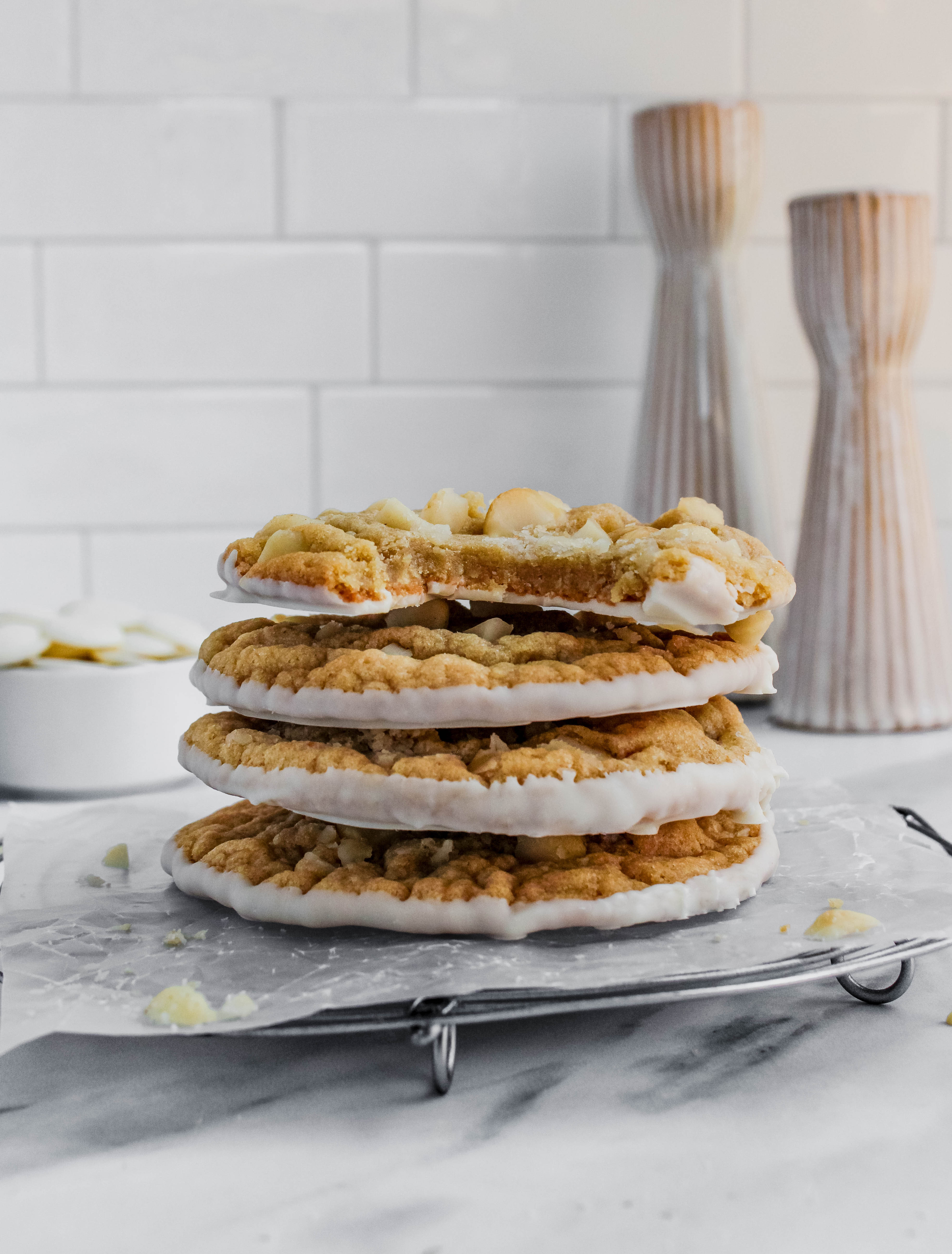 White Chocolate Dipped Macadamia Nut Cookies - My Messy Kitchen