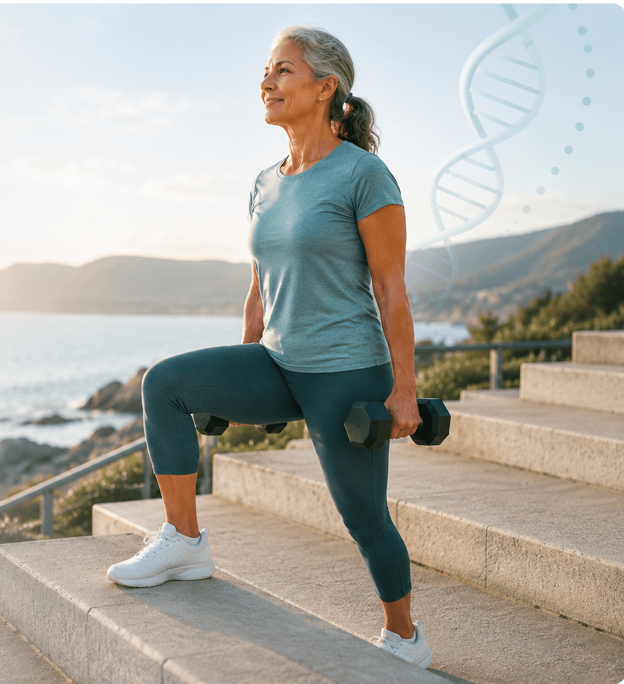 Active woman doing a step-up with weights to represent bone strength, balance and movement confidence