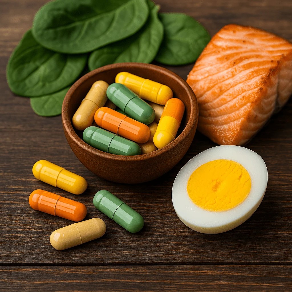 “B-complex vitamin capsules displayed with grilled salmon, a halved boiled egg, and fresh spinach on a wooden surface — showing natural food sources of B vitamins for nerve health.”