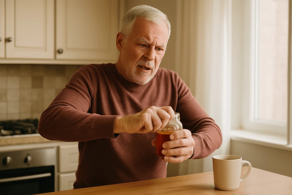 Older man in a kitchen struggling to open a glass jar, showing a focused, slightly frustrated expression. Warm lighting and soft kitchen background.