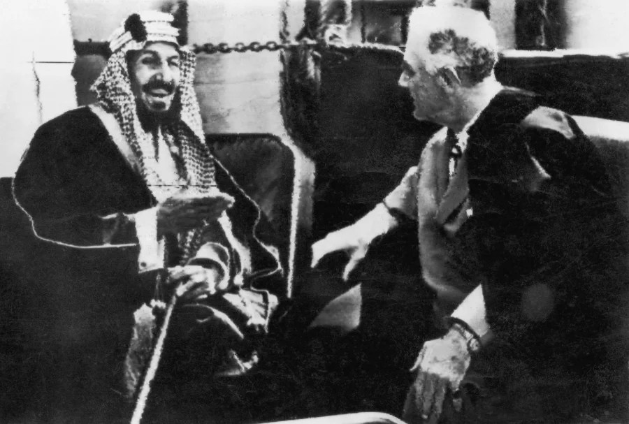 Franklin D Roosevelt with King Ibn Saud aboard a US warship in the Red Sea in 1945.