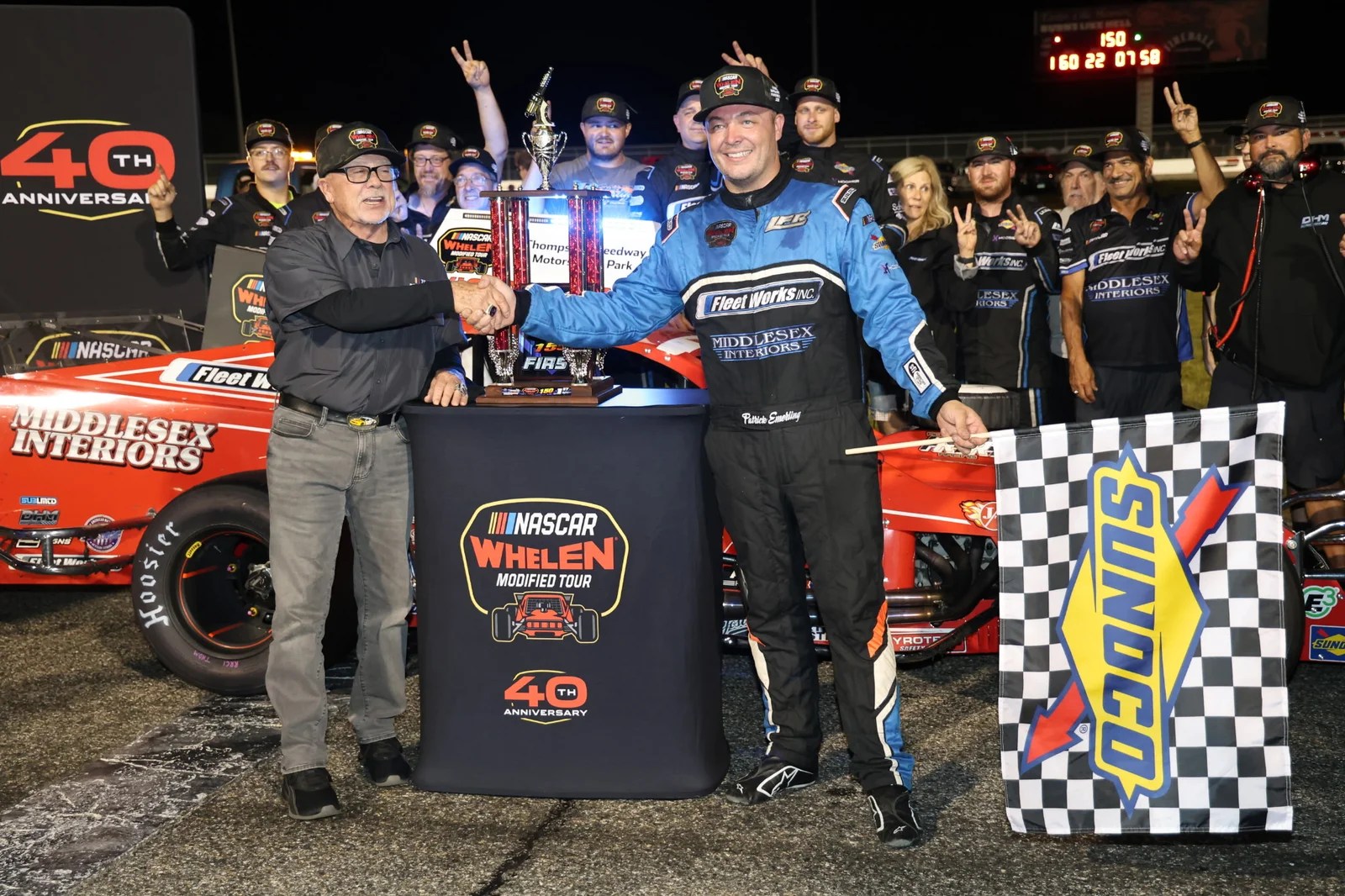 Patrick Emerling Runs it Back in the Big Red Machine Tribute to take 750th NASCAR Whelen Modified Tour Checkers in front of Packed Thompson Grandstands