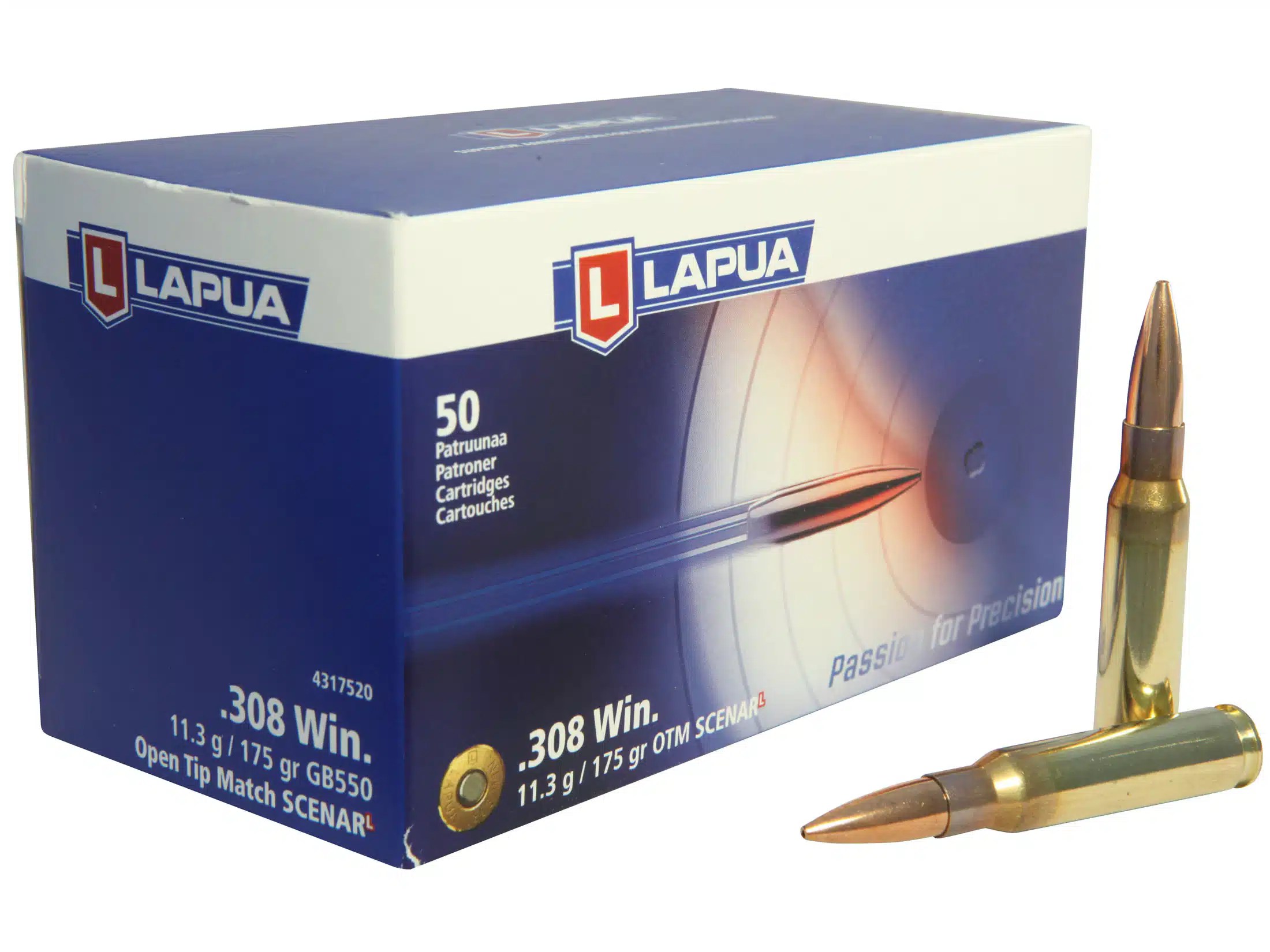 Box of Lapua .308 Winchester cartridges with two bullets displayed, ideal for precision shooting.