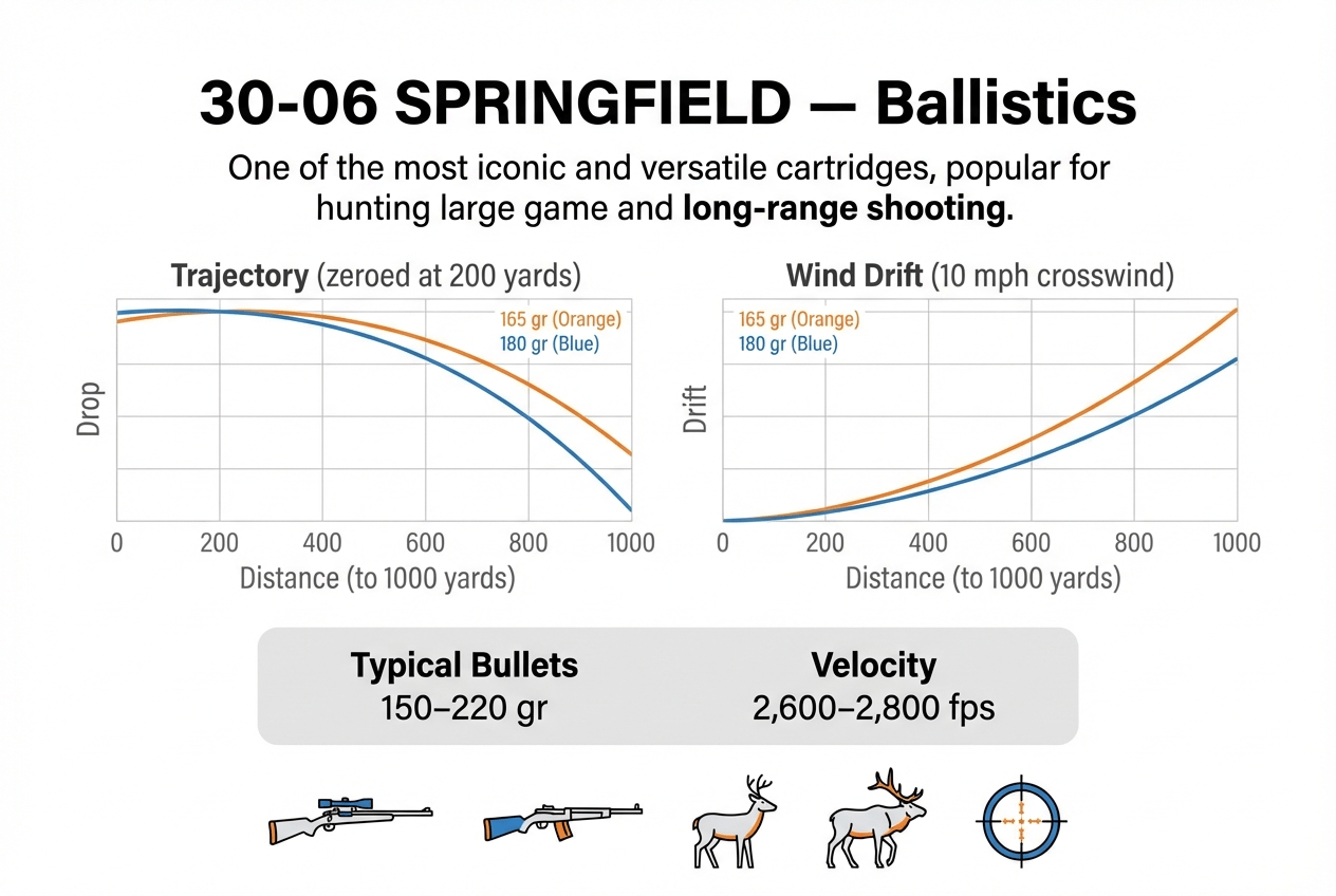 30-06 Springfield ballistics chart showing trajectory and wind drift for 165gr and 180gr bullets, ideal for hunting.