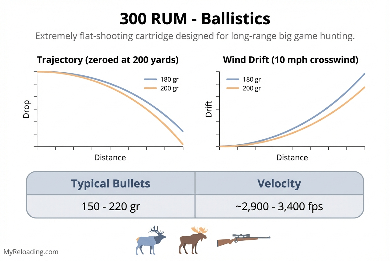300 RUM rifle cartridge with ballistic data and performance metrics
