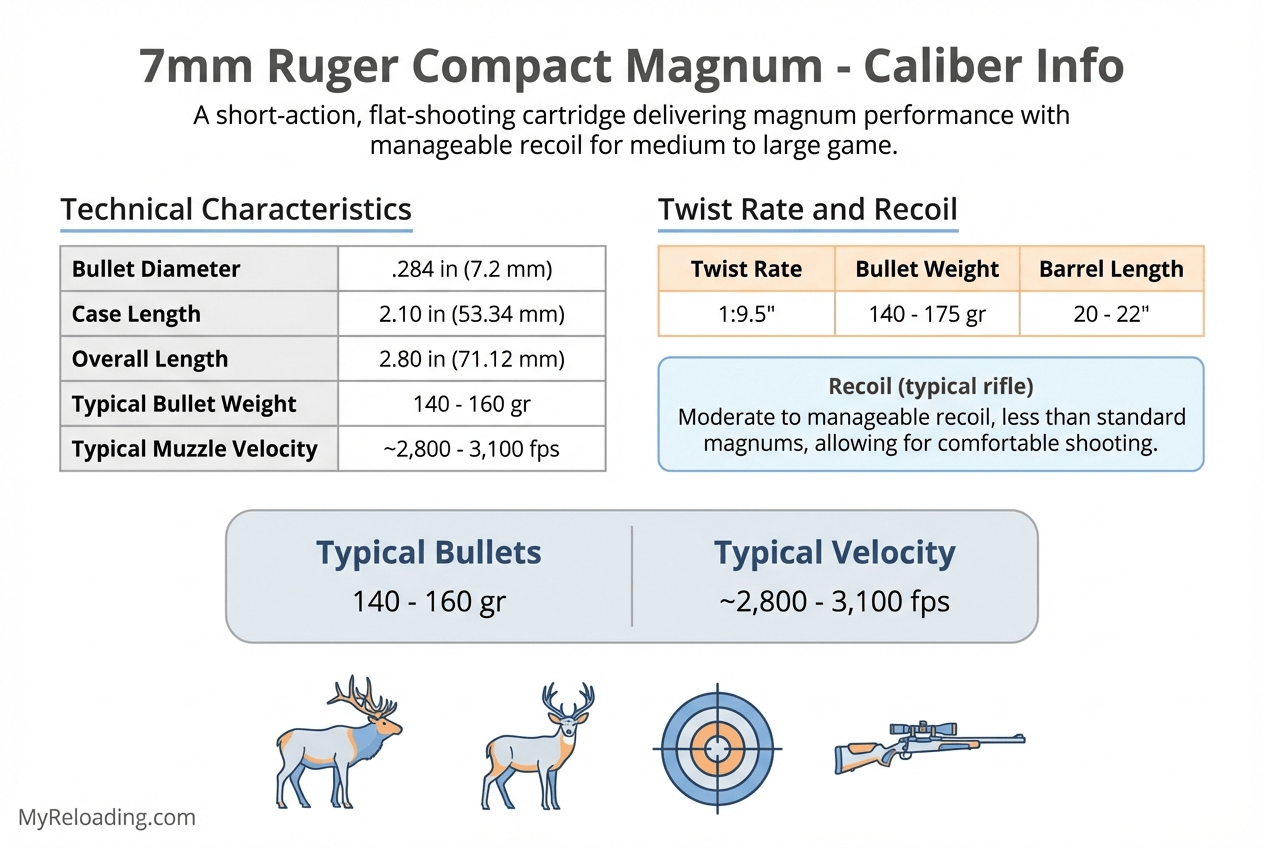 7mm Ruger Compact Magnum cartridge on a wooden background