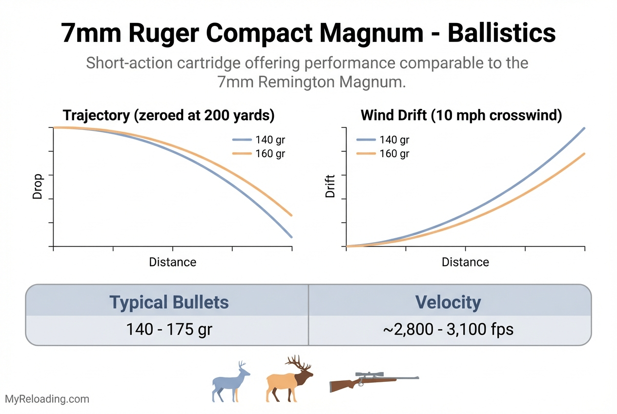 7mm Ruger Compact Magnum cartridge on a wooden surface